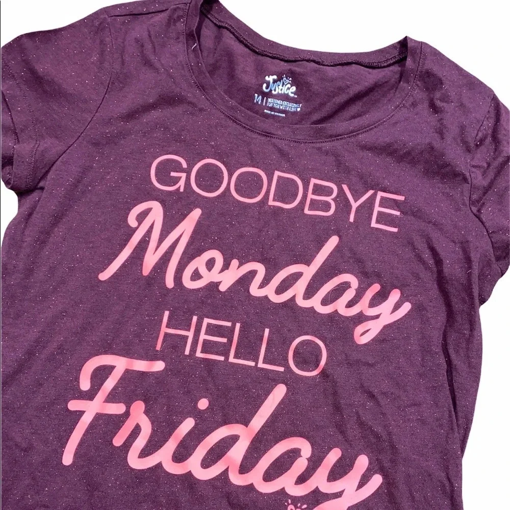 Justice girls size 14 goodbye Monday hello Friday graphic T-shirt